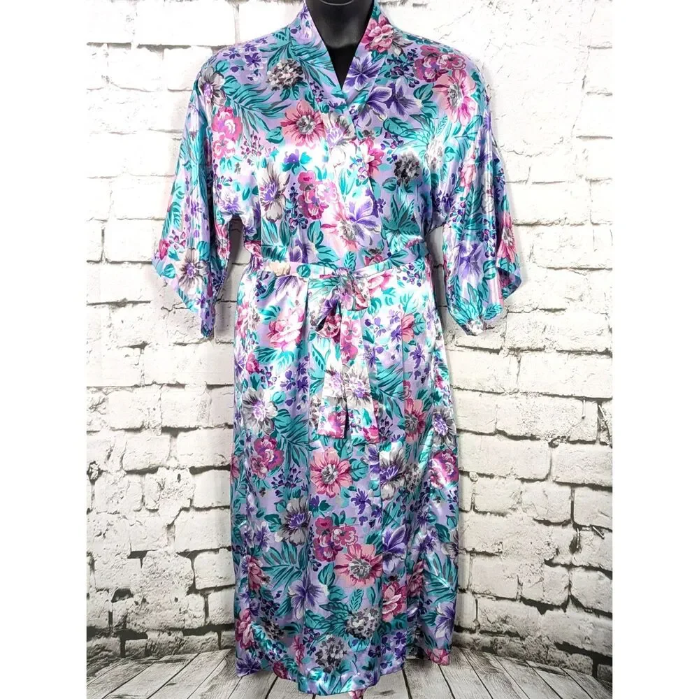 VINTAGE CALIFORNIA DYNASTY Shiny Satin Floral Robe USA Bohemian Hippie Large